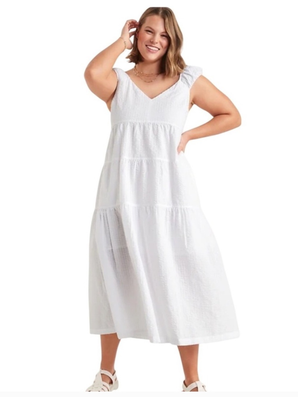 Old Navy seersucker tiered midi dress white Medium peasant cottagecore
